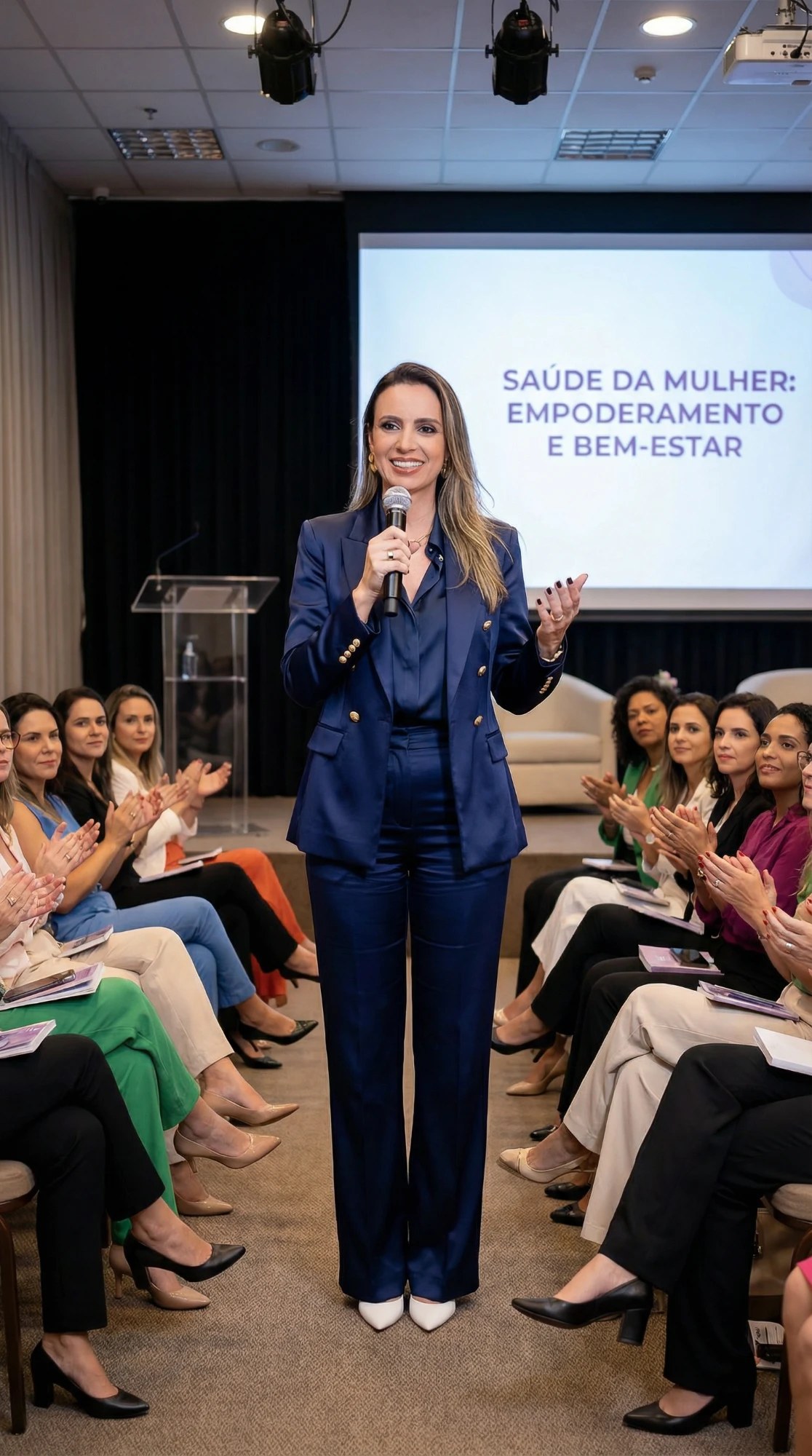 Dra. Michelle Scabello Terzariol palestrando para plateia corporativa